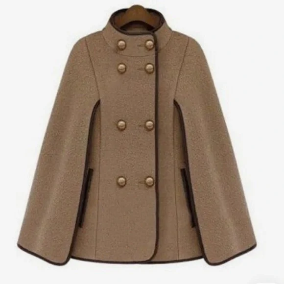 Women's Tan Cape Coat with Detachable Faux Fur Trim Hood - Picture 3 of 11